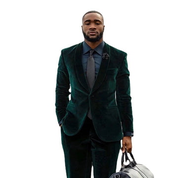 Costume formel en velours pour homme, 2 pièces, avec un bouton, col châle, smoking de marié, coupe slim, blazer de bal, pantalon