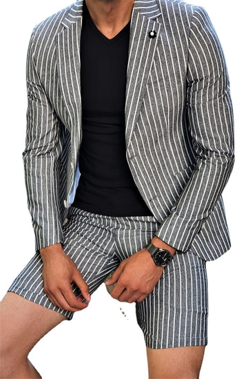Casual Gray Stripes Men Suits 2 Pieces Short Pant Casual Suit Peaked Lapel Blazer Suit Coat+Pant