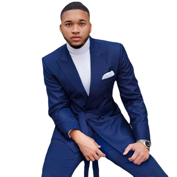 Traje azul marino para hombre, a medida, 2 piezas, blazer, pantalón y cinturón, de un solo pecho, moderno, para negocios, boda, novio, graduación, a medida.