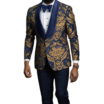 Costume de bal 2 pièces bleu en jacquard floral africain pour homme, coupe cintrée, smoking de marié