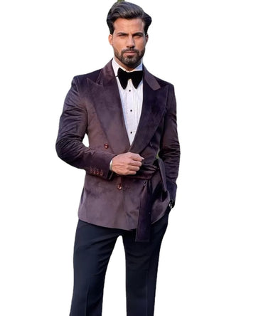 Velvet Men Suits Tailor-Made 2 Pieces Blazer Black Pants With Belt Wide Lapel Slim Modern Business Wedding Plus Size Tailored