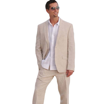 Linen Beach Men Suits for Wedding Summer Prom Groom Tuxedos Wear Blazer 2 Pieces Suit Jacket with Pants