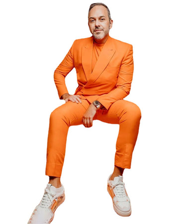 Bright Orange Men Pants Suits Fit Groom Tuxedos Peaked Lapel Prom Party Blazer Custom Made 2 Pcs (Jacket+Pants)