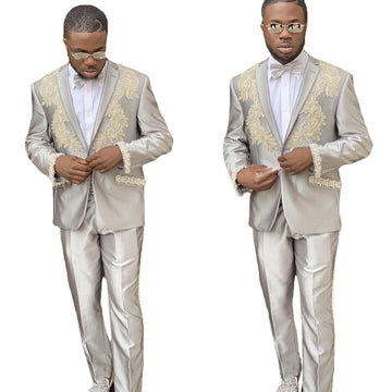 Luxury Beading Men Suits Pearls Groom Wedding Blazer Tuxedos Formal Outfits (Jacket+Pants)