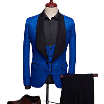 Men's Casual Boutique Business Big Black Collar Suit / Jacquard Dark Pattern Blazers Jacket Pants Vest 3 Pcs Set