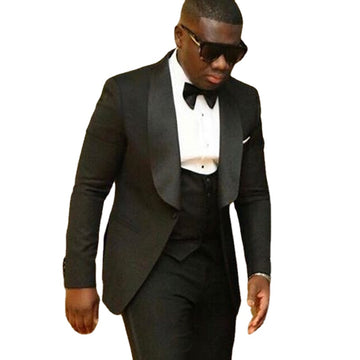 Trajes de fiesta de negocios negros para hombre, solapa chal, un botón, esmoquin de boda para padrinos de boda, 3 piezas, chaqueta, pantalón y chaleco.