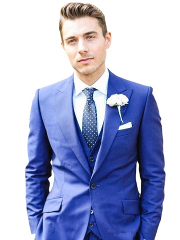 Costume 3 pièces Royal Bule à un bouton (veste, pantalon, gilet, cravate) pour homme, coupe slim, revers pointu