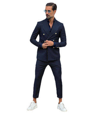 Royal Blue Men Suit Pinstripe Tailor-Made 2 Pieces Double-breasted Suit Tailored Suit Fit Slim Formal Men Blazer Custom Made