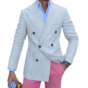 Trajes de lino blanco, pantalones rosas, para hombre, 2 piezas, verano, cruzados, informales, ajustados, conjunto para hombre, blazers de playa hechos a medida.
