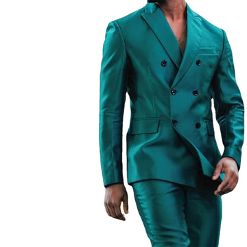 Shiny Satin jacket pants Double Breasted Peak Lapel Men Suits Terno Tuxedo Groom Wedding Prom Party