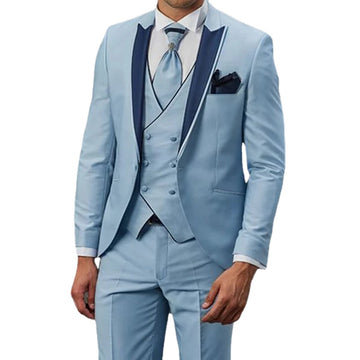New Suit Men Slim Fit Sky Blue Tuxedo Men Wedding Suits Groom Men Dress Dinner Beach Party (Jacket+Pants+Vest)