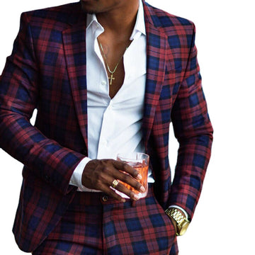 Men's Checkered Plaid Suits Formal Slim Fit Style Party Prom Tuxedos 2 Pieces Jacket and Pants