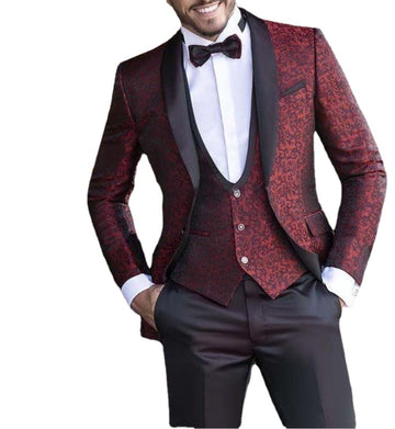 Esmoquin de boda burdeos para hombre, con solapa chal negra y un botón, para novio, para cena de boda (chaqueta, pantalón y corbata).