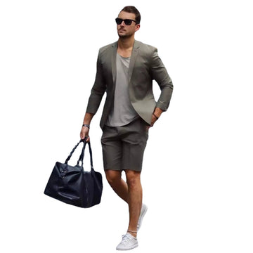Grey Men Suits With Short Pant Costume Groom Tuxedos Notch Lapel Wedding Slim Fit 2 Pcs (Jacket+Pants)