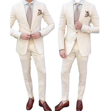 Traje de hombre color marfil de 2 piezas a medida, esmoquin entallado para novio, para boda, negocios, blazer de un botón, chaqueta y pantalón.