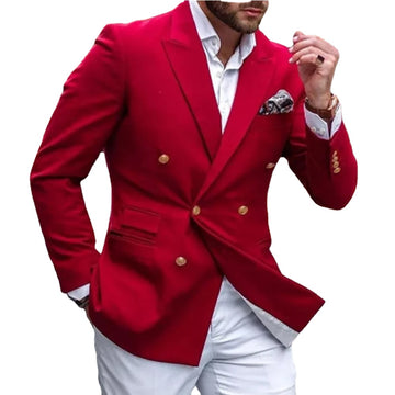 Trajes casuales de hombre de doble botonadura rojos con pantalones blancos, esmoquin ajustado para novio, para graduación, boda, blazer de 2 piezas