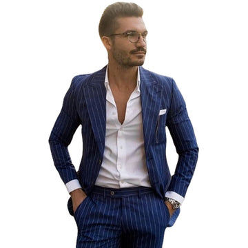 Traje de 2 piezas a rayas azules para hombre, esmoquin informal de corte entallado para graduación, traje de negocios clásico, blazer, pantalones, disfraz para hombre