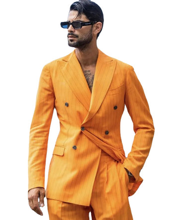 Orange Men's Suits Tailored 2 Pieces Blazer Pants Double Breasted Peaked Lapel Pinstripes Loose Wedding Groom Tailored Plus Size