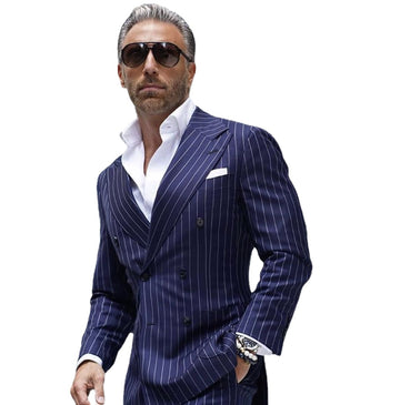 Costume Homme Dark Blue Stripe Men Suits Slim Fit Groom Wedding 2 Pieces Blazer (Jacket+Pant)