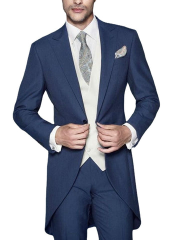 Trajes de boda para hombre, corte entallado, blazer azul de un botón, conjunto de traje de caballero personalizado, conjunto de 3 piezas.