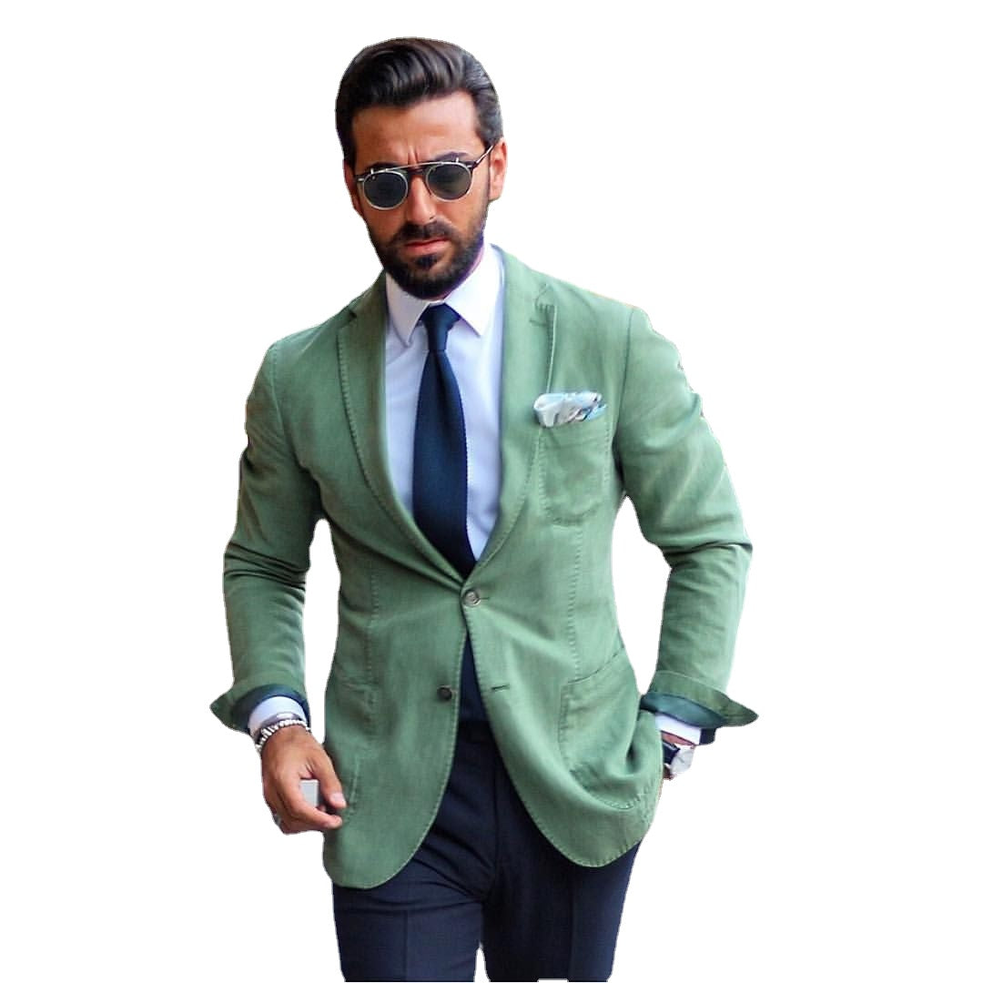 Summer Bright Green Mens Suit Jacket Pant One Button Custom Made