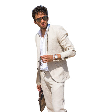 Linen Summer Beach Light Beige Men Wedding Suit Custom Groom Wedding Tuxedo Summer Prom Wedding Business Suit