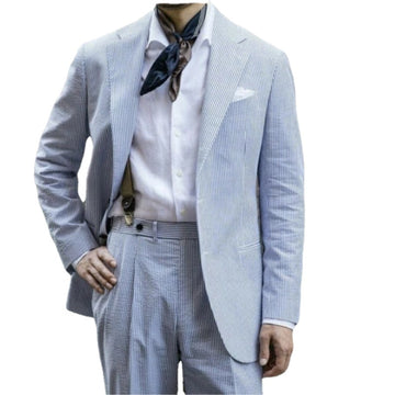 Summer Soft Casual Blue Striped Seersucker Men Suits 2 Pieces Leisure Beach Formal Tuxedos Single Breasted Blazer Jacket+Pant