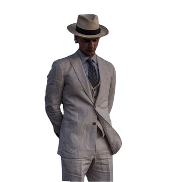 Costumes de mariage gris en lin pour marié, smoking de plage, coupe ajustée, 3 pièces, costume de marié, blazer pour homme