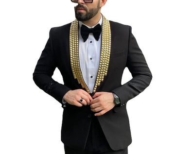 Trajes de hombre negros a medida, 2 piezas, blazer, pantalón, botonadura sencilla, diamantes, solapa con cuentas, para negocios, boda, talla grande, a medida.