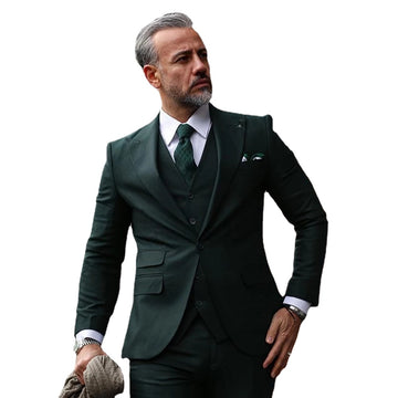 Costume 3 pièces vert foncé à revers pointu et un bouton pour homme, blazer slim fit pour mariage