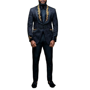 Traje de hombre de jacquard negro, a medida, 2 piezas, blazer, pantalón, un botón, apliques dorados, para boda, novio, negocios, casual, graduación, a medida.