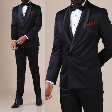 Trajes de hombre negros a medida, 2 piezas, blazer, pantalón, un botón, satén, solapa transparente, esmoquin, corte entallado, para negocios, boda, novio, a medida.