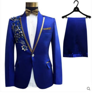 Blue Men Suits With Pants Costume Embroidery White Ivory Pink Groomsmen Groom Tuxedos Wedding Men Suit 2 Pcs( Jacket+Pants+tie)