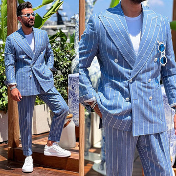 Blazer de dos piezas a medida con raya azul y pantalón para boda, negocios, novio, botonadura sencilla, traje de negocios para boda.