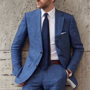 Blue Summer Beach Linen Men Suit Slim Fit 2 Pieces Tuxedo Custom Blazer Groom Wedding Prom Jacket+Pants Costume Homme