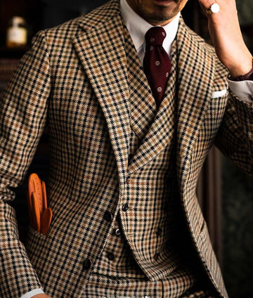 Burgundy Black Green 3 Color Small Square Man‘s Suit Set Outfit Notch Lapel Blazer Trousers 3pcs Jacket Pants Vest