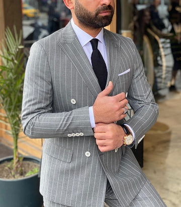 Classic Stripes Men Business Suits 2 Pieces Slim Fit Double-breasted Groomsmen Lapel Tuxedos Formal (Blazer+Pants)