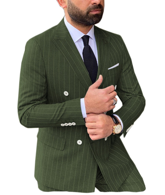 Classic Stripes Men Business Suits 2 Pieces Slim Fit Double-breasted Groomsmen Lapel Tuxedos Formal (Blazer+Pants)