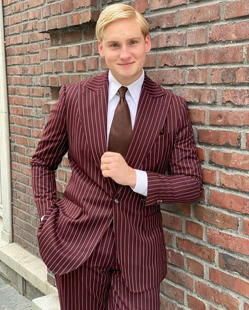 Burgundy Stripe Groom's Wedding Suit Blazer Sets 2 Piece Custom Homme Tuxedo Dress(Jacket+Pants)