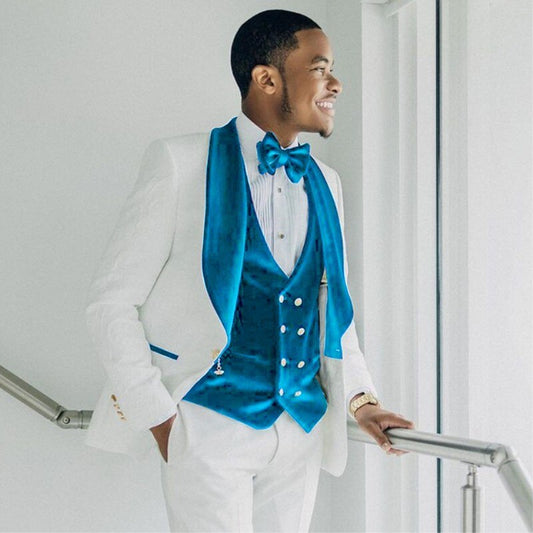 Costume Homme White Jacquard Men Suits For Wedding 3 Pieces Luxury Velvet Lapel Groom Tuxedos Party Prom Terno Blazer
