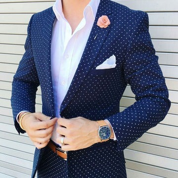 Costume homme bleu foncé à pois, blazer à revers pointus, smoking de mariage, un bouton, coupe slim, marié, 2 pièces, veste de bal, pantalon