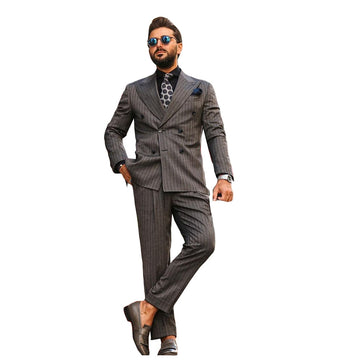 Traje de hombre a rayas gris oscuro, 2 piezas, talla grande, esmoquin de novio con solapa de pico, blazer para fiesta de graduación (chaqueta + pantalón)