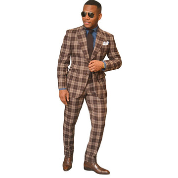 Brown Plaid Men Suit Tailor-Made 2 Pieces Blazer Pants Single Breasted Gentle Wedding Groom Business Causal Prom Tailored