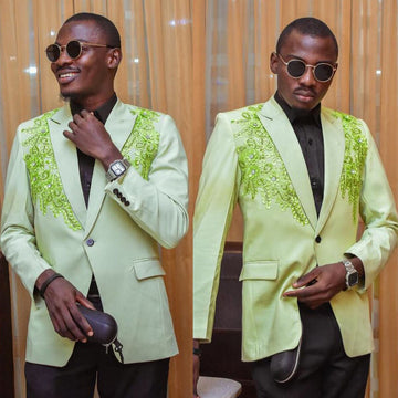 Costume vert pour homme sur mesure 2 pièces, blazer, pantalon noir, smoking à un bouton, mariage, bal de promo, sur mesure