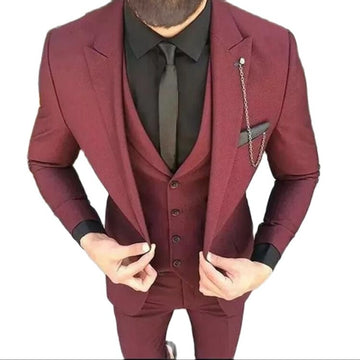 Groom Tuxedos Burgundy Groomsman Wedding Tuxedos Notch Lapel Suit Business Prom Blazer(Jacket+Pants+Vest)