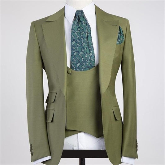 Traje de 3 piezas para hombre, con solapa de pico verde y un botón, para novio, boda, entallado, blazer