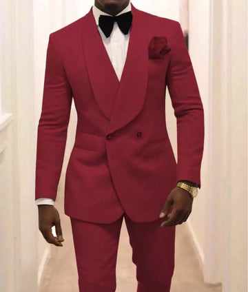 Men's Suit Burgundy Jacquard Formal 2 Pieces Slim Fit Double Breasted Prom Tuxedos Wedding Suits Blazer Pants