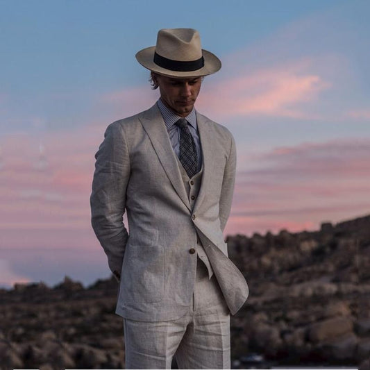 Costumes de mariage gris en lin pour marié, smoking de plage, coupe ajustée, 3 pièces, costume de marié, blazer pour homme