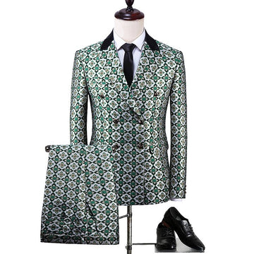 Men's Colorblock Double Breasted Green Jacquard Silver Suit