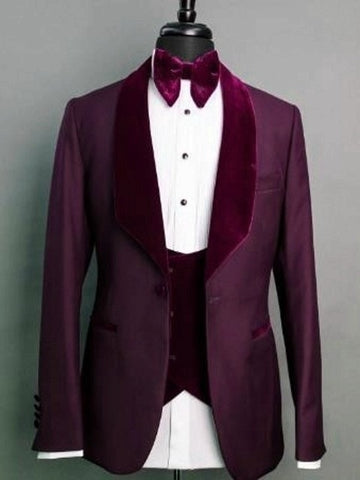 Costume Men Suits Burgundy Groom Tuxedos Shawl Velvet Lapel Groomsmen Wedding Best Man ( Jacket+Pants+Vest+Tie)